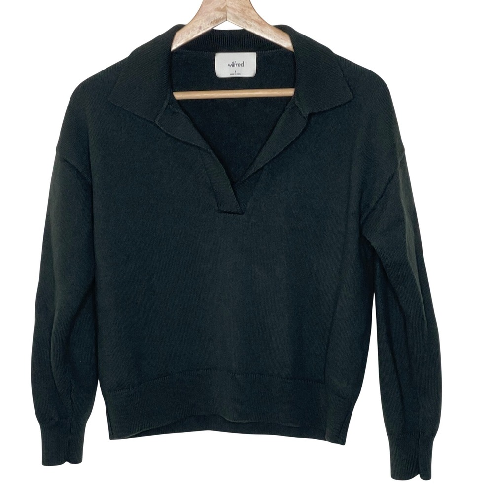 Wilfred by Aritzia‎ Black Knit Polo Sweater Small V-Neck Collared Long Sleeve